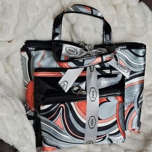Trina Turk New 3 Pc Cosmetic Bag Set Black Gray Sherbert and Red Swirl